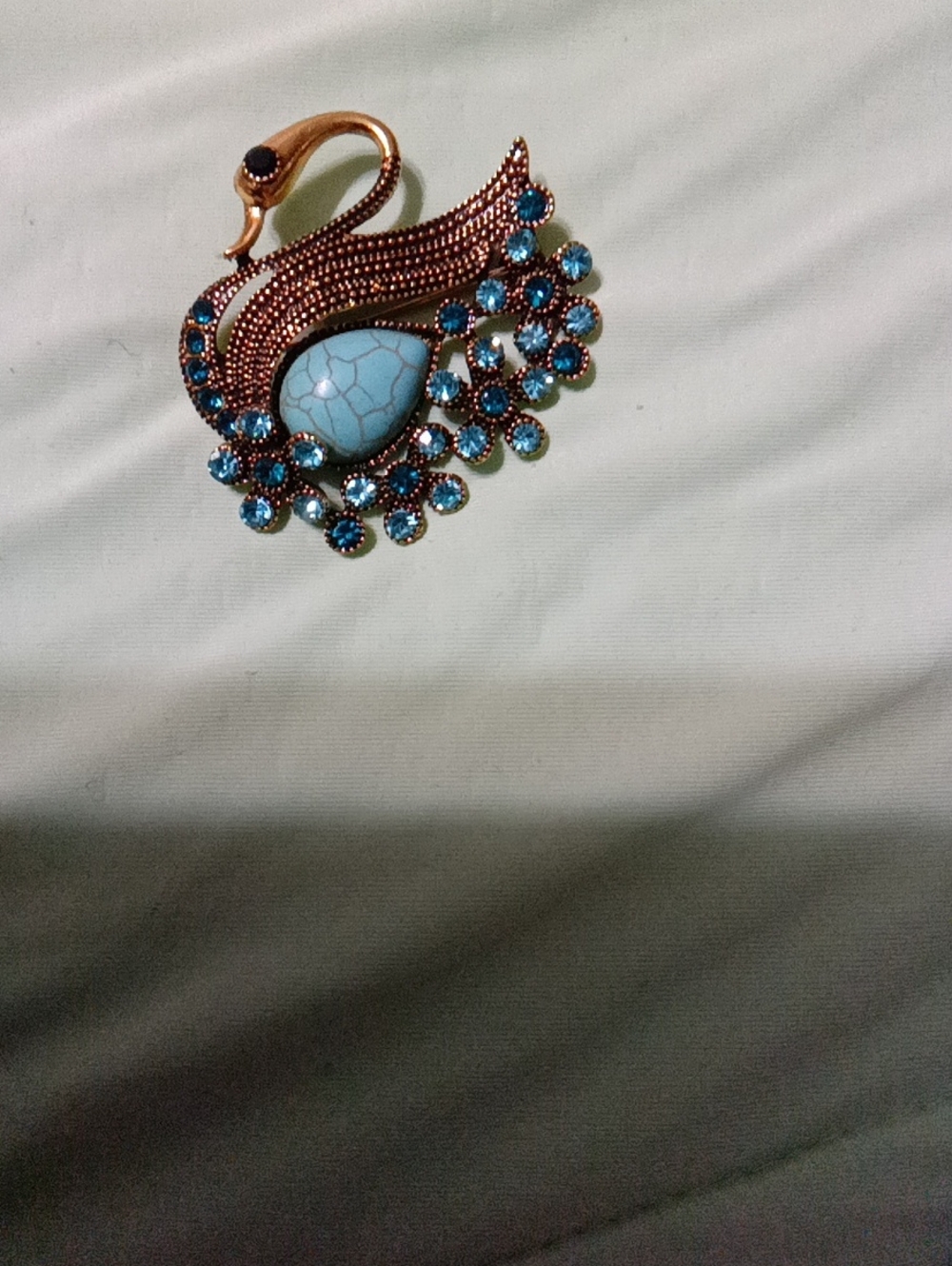 Turquoise Crystal Swan Brooch in Antique Gold Tone